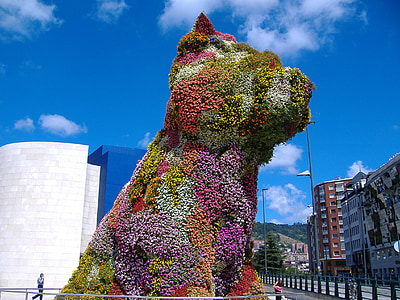 filhote de cachorro, flores, Bilbao, Gughenheim, Espanha