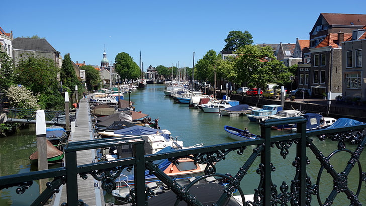 Dordrecht, Nederland, Nederland, poort, boten, stadsgezicht, historisch centrum