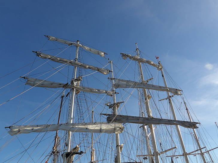 Mast, jahtu, tradīcijas, zilas debesis, navigācija, trīs masted, laiva