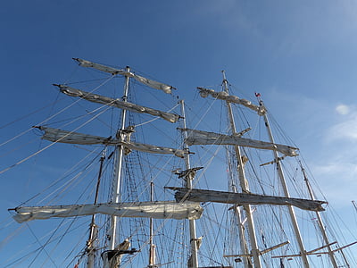 stiebo, burlaivis, tradicijos, mėlynas dangus, navigacijos, trijų masted, valtis