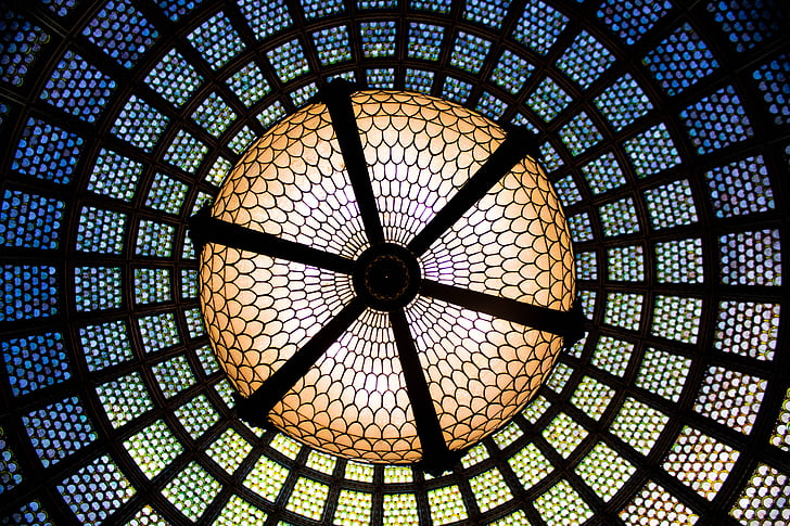 tiffany dome, chandelier, glass, glass ceiling, light, symmetry, art glass dome