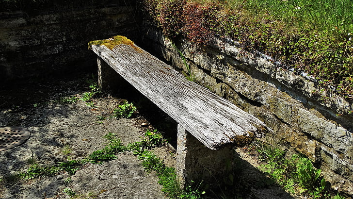 bench, rotten, worn, wooden bench, moss