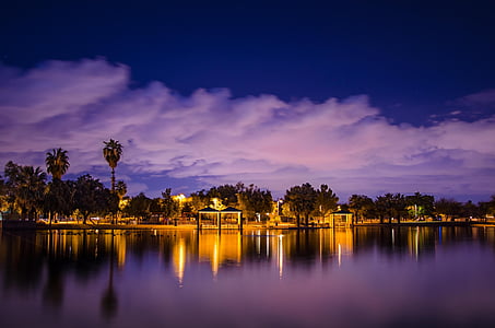 nature, purple sunset, desert breeze, evening lake, reflection, cloud - sky, tree