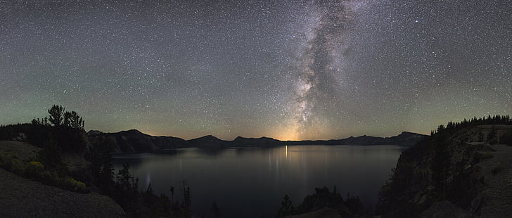 milky way, night, landscape, silhouettes, crater lake national park, oregon, usa