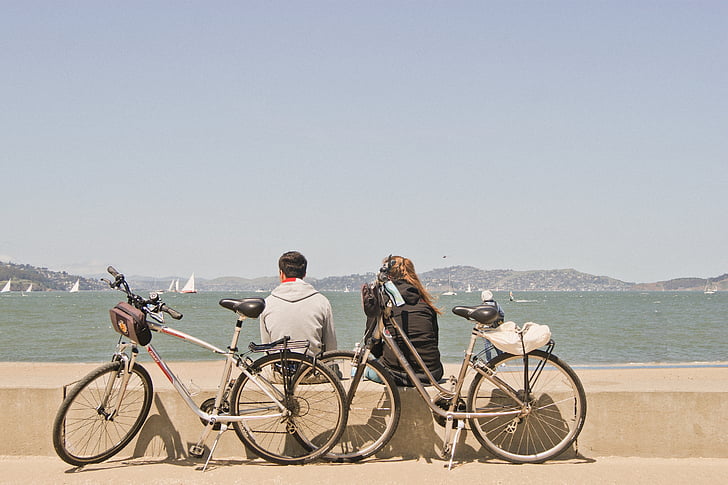 Romantika, dviratis, vandenyno, jachtos, meilė, atostogų, San Franciskas