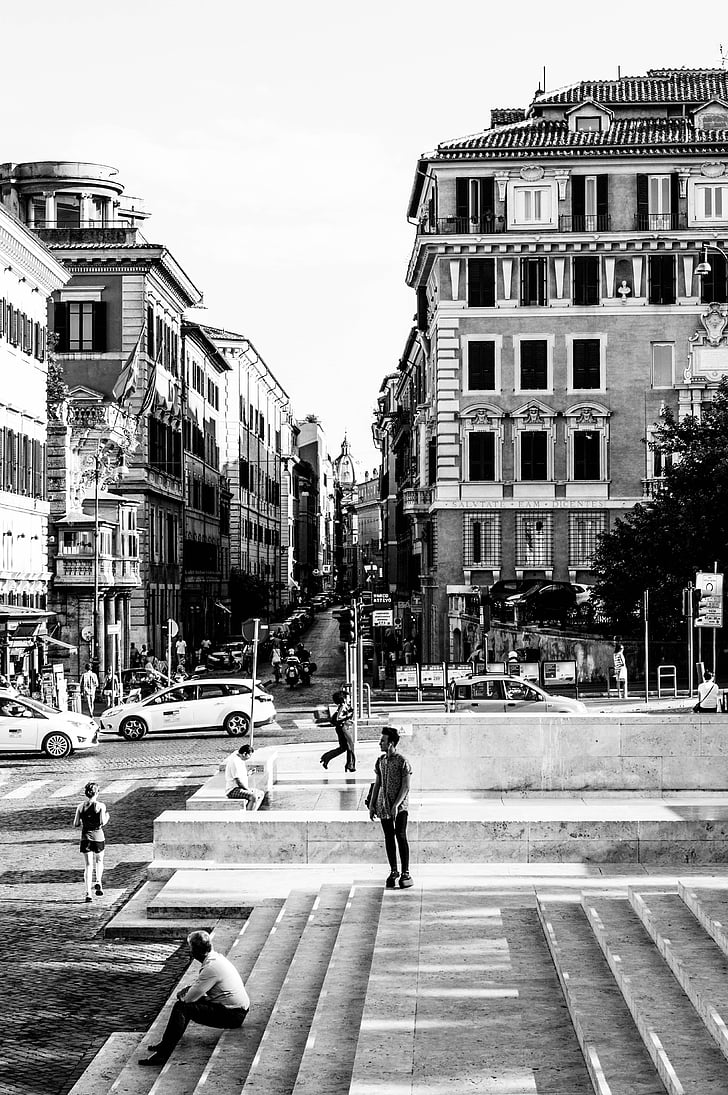 Rome, ceļu satiksmes, ikdienas dzīvē, pilsēta, prom, Vecrīgā, melnbalts