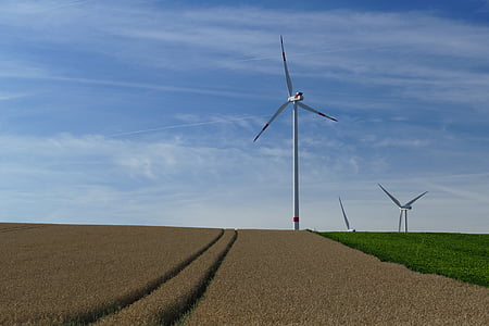 naturaleza, visión, turbinas de viento, rotores, campo, arable, cereales