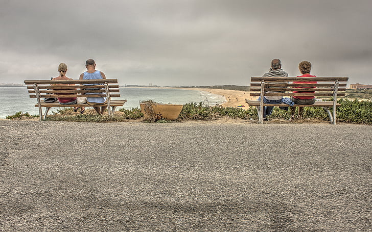 beach, bench, chair, coastline, couple, grass, landscape