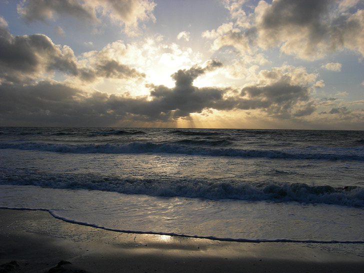 solnedgang, hav, solen, skyer, stranden surfe, Surf, sjøen