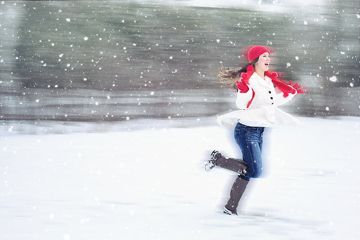 joy, happiness, laughter, snow, winter, woman running, snow dance