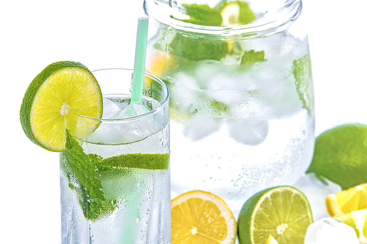 mineral water, lime, ice, mint, glass, drink, cold