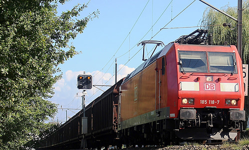 train, freight train, locomotive, deutsche bahn, db, exit, overhead contact line
