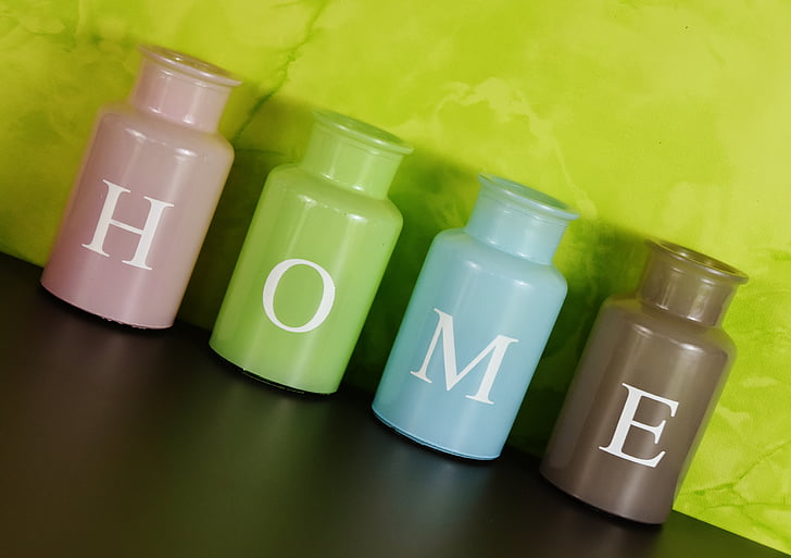 haza, otthon, vázák, színes, üveg, dekoráció, zöld színű