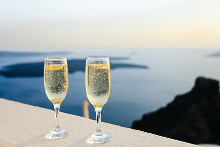 sparkling wine, bubbles, glasses, two, view, panorama, sea
