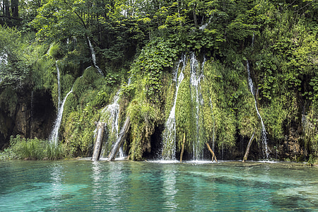Chorwacja, Wodospad, wody, Jezioro, zielony, Natura, Forrest
