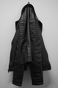 jacket, leather coat, clothing, coat hanger, black white