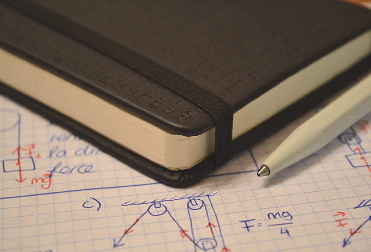 Close-up, pengetahuan, Notebook, kertas, pena, Fisika