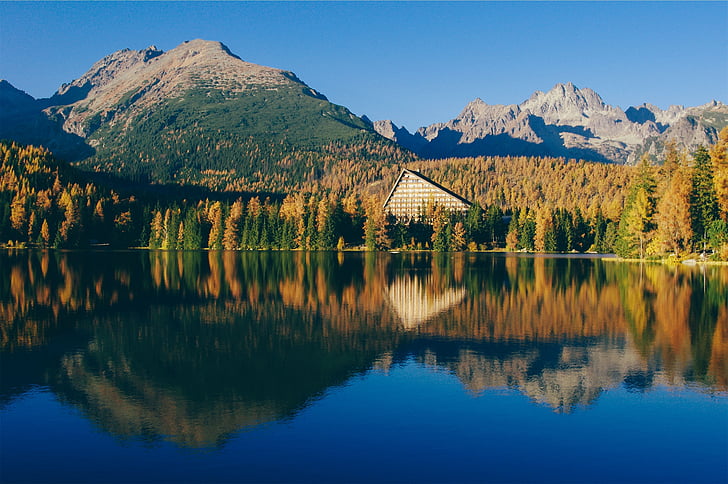 landscape, photo, calm, body, water, near, mountain