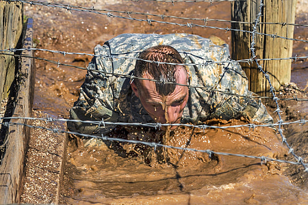 challenge, soldier, military, male, crawling, barbwire, mud