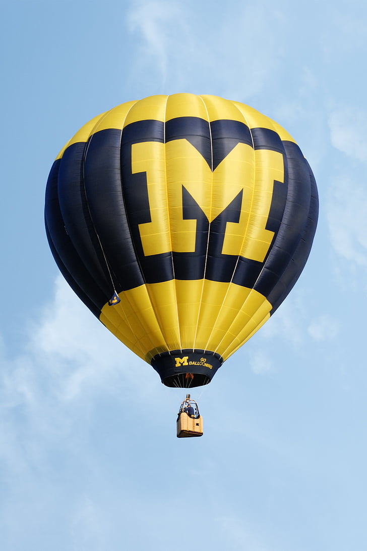 hot air balloon, university of michigan, blue, yellow, sky, cloud - sky, multi colored