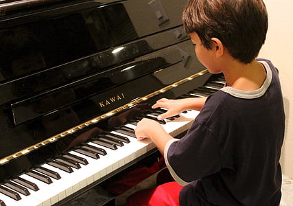klaver, Poiss, mängib, õppe, Klaveritund, laps mängib klaverit, vahend