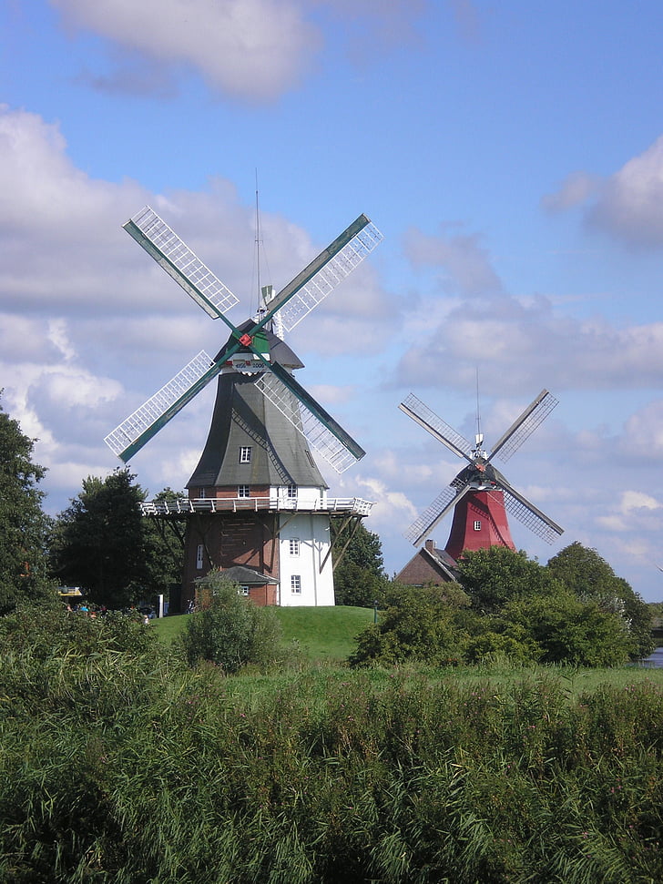Mulino a vento, Greetsiel, mare del Nord, Germania del Nord, Mulini di doppia Greetsieler, energia eolica, turbina di vento