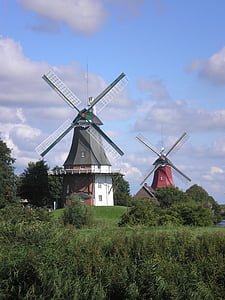 vėjo malūnas, Greetsiel, Šiaurės jūra, Šiaurės Vokietijoje, greetsieler dviejų gamyklų, vėjo energija, Vėjo turbinos