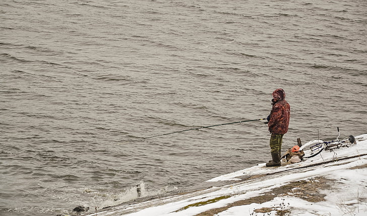 Rybaření, muž, řeka, tyč, Volga, sníh, Zimní