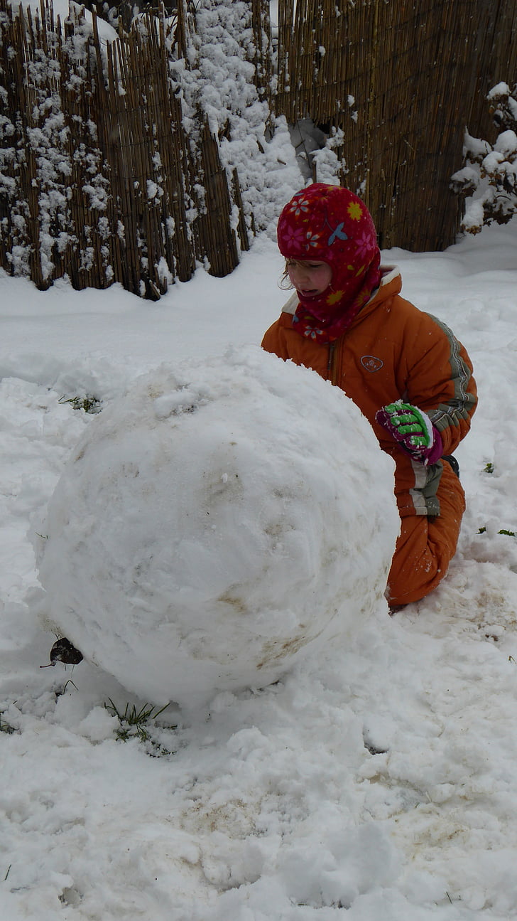 child, snow, snow ball, build, play, out, winter