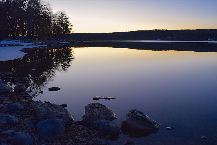 lake, sunset, rock, reflection, water, sky, landscape