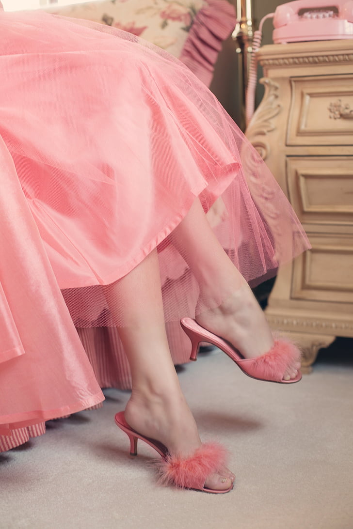 benen, Vintage, elegante, vrouw, roze, rok, Slippers