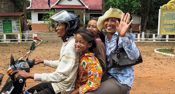 Kambodscha, Asien, Siem reap, Motorrad, Familie, Welle, fröhlich
