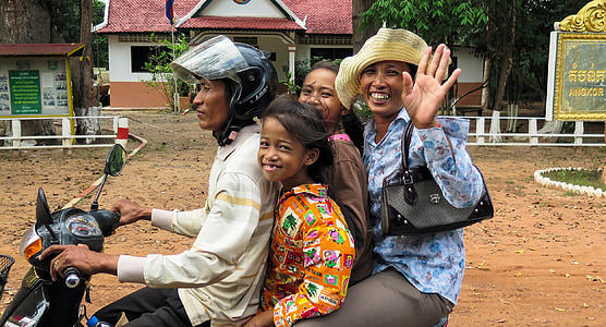 cambodia, asia, siem reap, motorcycle, family, wave, cheerful
