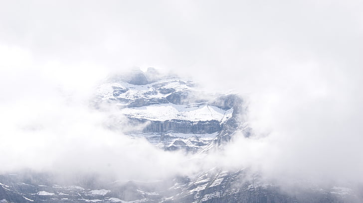 kalns, Eiger, Šveice, klints, sniega, migla, debesis