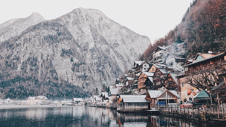 cold, houses, lake, landscape, mountain, outdoors, scenic