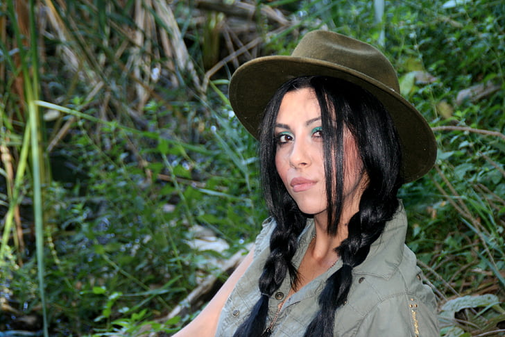 lány, Explorer, kalap, erdő, dzsungel