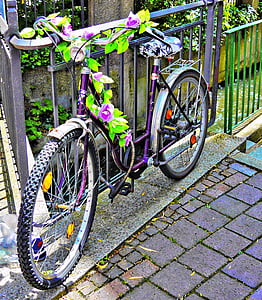 velosipēds, Augsburg, dekorēti, ziedi, velosipēdu, iela, pilsētas skatuves