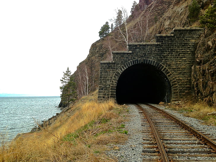 automne, Baïkal, chemin de fer, tunnel, rails