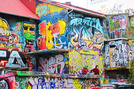 Crveni, višebojni, zid, grafiti, Sažetak, umjetnost, Grunge