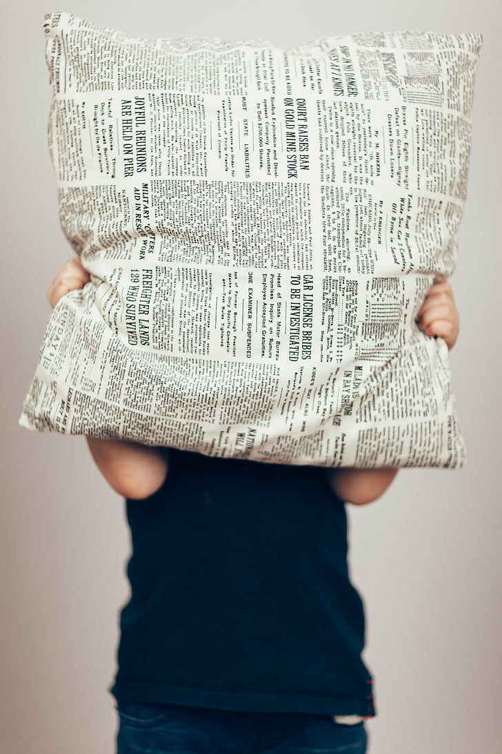 person, covering, face, newspaper, article, themed, pillow