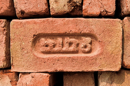 rød, mursten, inscriptive, indiske, sanskrit