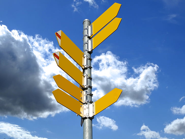 directory, signposts, trail, direction, arrow, target, clouds