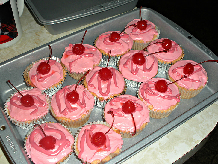 cupcakes, -de-rosa, cereja, queque, cozido, doce, sobremesa