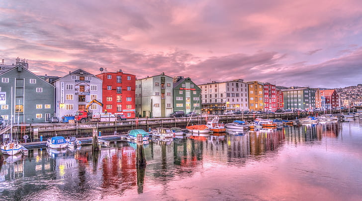 Trondheim, Noruega, nascer do sol, Rio, arquitetura, colorido, viagens