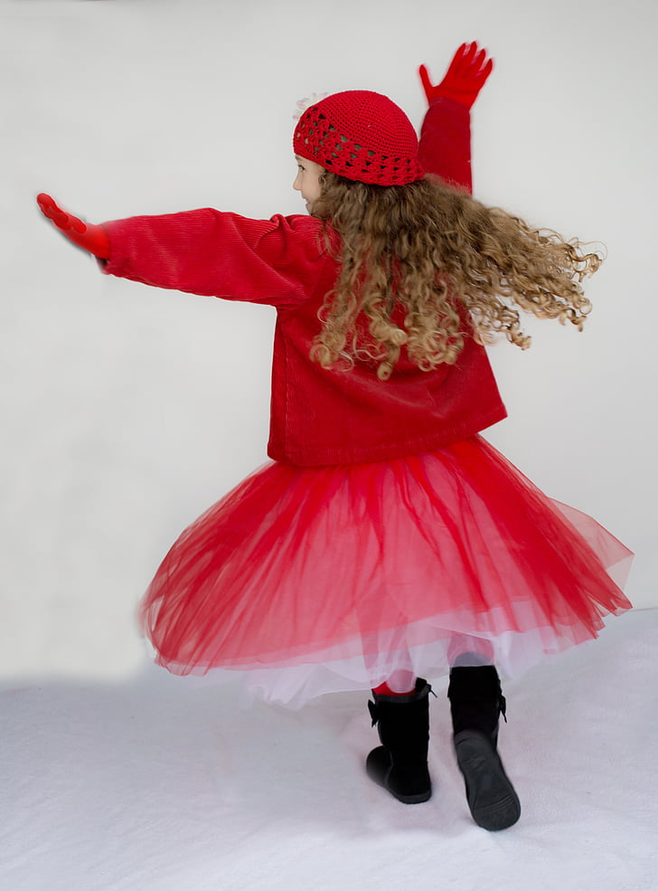 dievčatko, tanec, spinning, točil, šťastný, radosť, červené tutu