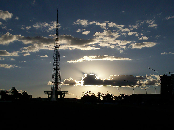 Brasilia, hemel, toren, zonsondergang, middag, rit, Sol