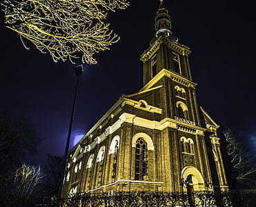 Iglesia, farmsum, Holandés, noche, Países Bajos, Holanda, arquitectura
