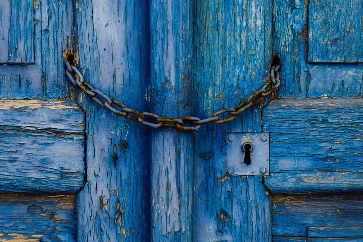 régi ajtó, fa, kék, lánc, kulcslyuk, éves, rozsdás