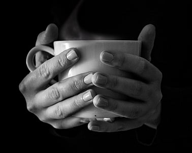 beverage, black-and-white, coffee, cup, drinking, hands, hot