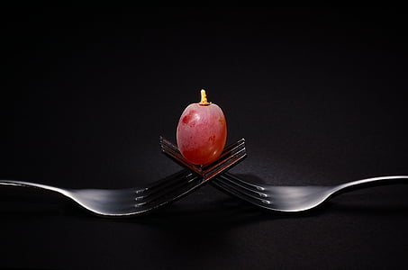 two, stainless, steel, forks, attached, grape, fork